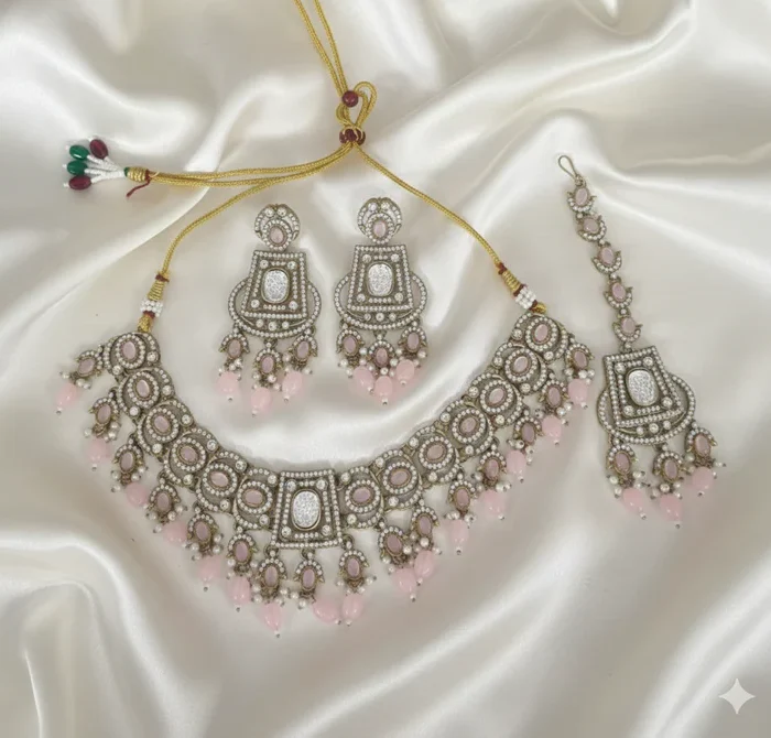 Blush Pink Crystal Necklace Set - Zaariyah Premium Collection